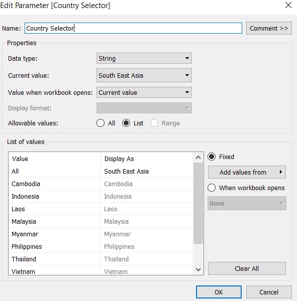 Setting of parameter to replace country filter