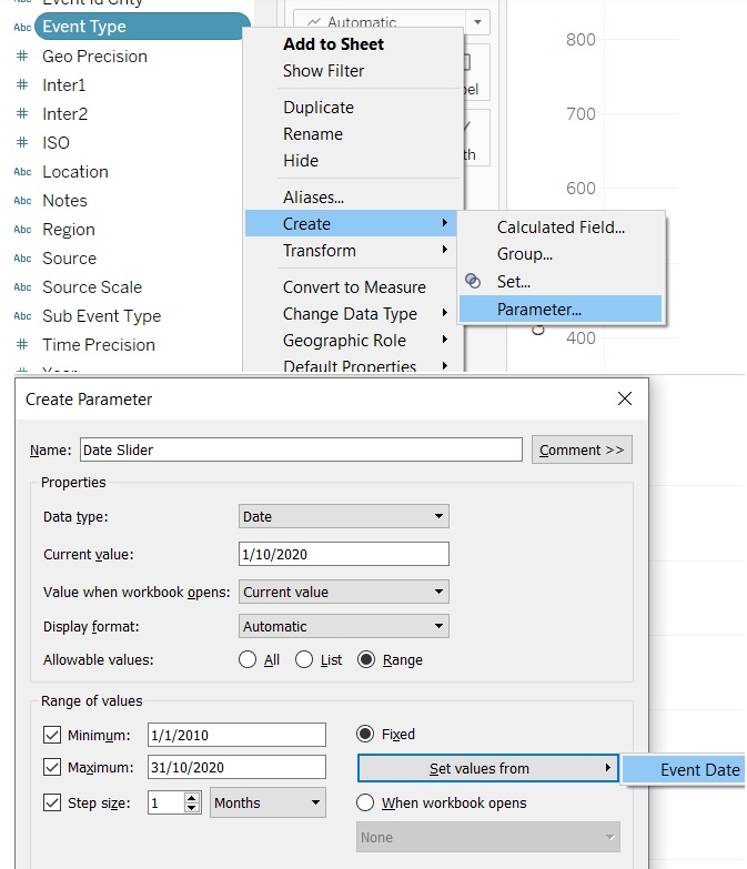 Creating parameter for date slider