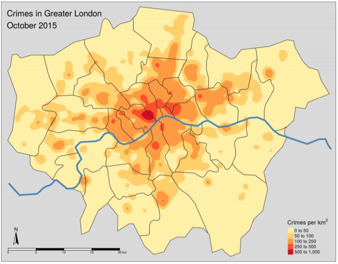 Kernel density map of crimes in Greater London, (Tennekes, M., 2018)