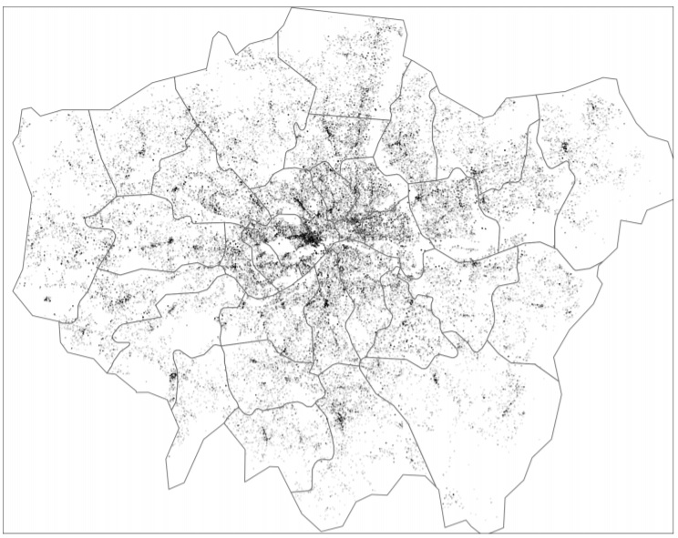 Dot map of crimes in Greater London, (Tennekes, M., 2018)